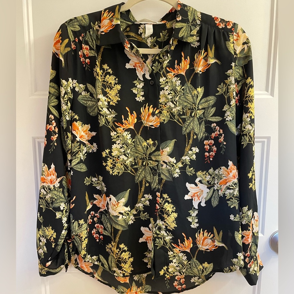 Sheer floral H&M collared, long-sleeve blouse